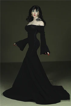 1:6 Seksuali Moteriška juoda Ilgą vakarinę Suknelę Diržu Drabužių Modelis Karoliai 12