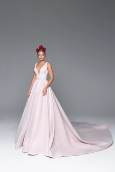 2020 M. Šalies Satino Rožinė Vestuvių Suknelės Nėrinių Linija, V Kaklo, Rankovių Vestuvinių Suknelių Plius Dydis Paplūdimio Nuotakos Suknelė