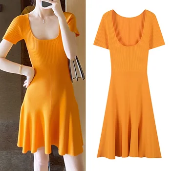 2020 metų vasaros moterų atsitiktinis trumpomis rankovėmis megzti suknelė dizaineris kietas-line mini megztinis sukneles geltonos JC486