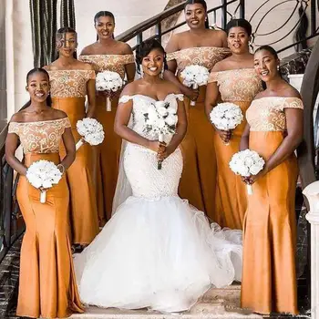 Afrikos, Nigerijos Undinė Oranžinės Suknelės, Ilgi Nuo Peties Appliqued Satino Suknelė Vestuves