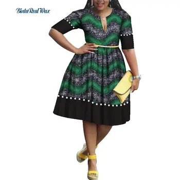 Atsitiktinis heidi bazin Riche Perlų Kratinys Puoštas Suknelė Afrikos Spausdinti Suknelės Moterims Tradicinių Afrikos Drabužių WY1718