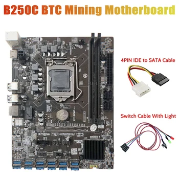 B250C Miner Plokštė+Kabelio Jungiklis su Šviesos+4PIN IDE į SATA Kabelis 12 PCIE su USB3.0 GPU Lizdas LGA1151 Paramos DDR4