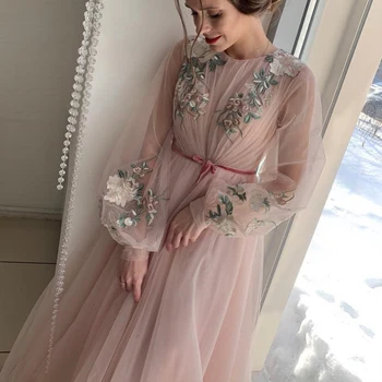 Blush Pink O-Kaklo Elegantiškas Ilgas Rankoves-Line Prom Chalatai Su Aplikacijos Užsakymą Pagaminti Skirtingų Oficialią Suknelės, Šaliai