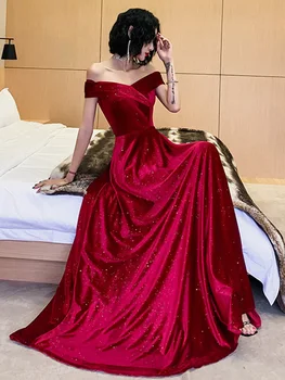 Bordo Big-line vakarinę Suknelę Off-Pečių Oficialią Šalies Prom Chalatai Šviečia Veliūras Mergina Derliaus Homecoming Ilga Suknelė