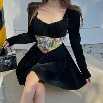 Darlingaga Korėjos Mados Juodas Veliūras Kratinys Korsetas Moterų Suknelė Mini Harajuku Kvadratinių Kaklo Elegantiškas-Line Šalis Suknelė Drabužius