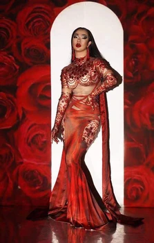 Derliaus Atspausdintas Raudonos spalvos Cirkonio Grindų ilgis Undinė Ilga Suknelė Moterims Dainininkė, Modelis Podiumo Etape Dėvėti Vakare Šalies Prom Kostiumas
