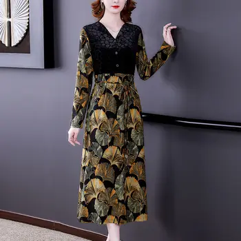 Didelio Dydžio Aukso Aksomo Mink Suknelė Naujas Sujungimas Temperamentas Retro Gėlių Slim Mados Elegantiška Suknelė Vintage Moterų Vestidos M1022