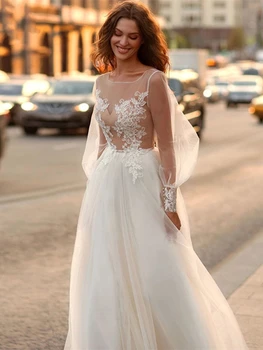 Elegantiškas Brangioji Ilgomis Rankovėmis Vestuvių Suknelė Iki 2021 M. Derliaus Iliuzija, Tiulio, Nėrinių Aplikacijos Linija Moterims Užsakymą Vestuvinės Suknelės