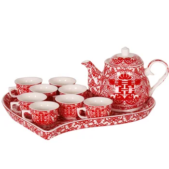 Kinijos Vestuvių Keramikos arbatinukas įjungti Tradicinį Teacup Laimės Raudonas Arbatinukas Širdies formos Dėklas Nustatyti Teaware Santuokos Šventė