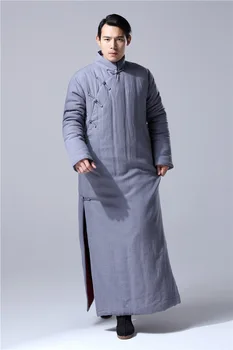 Kinų stiliaus storio prarasti Lino pourpoint Ilgas Chalatas, Kinijos Tradicinės žiemos vyriški Dėvėti Šviesą kanapių, medvilnės, paminkštinta ilga suknelė Skraiste
