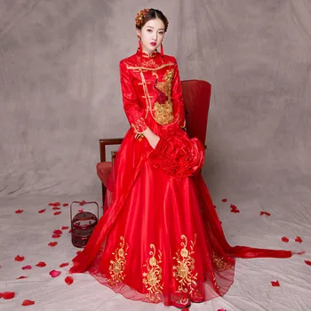 Naujas povas modelis Kinų tradicinė Klasikinė suknelė Vestuvių ilgas elegantiškas Raudona vestuvinė suknelė Rytų Tradicinės Cheongsam