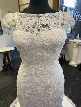 Nėriniai Undinė Vestuvių Suknelė Backless su Traukiniu Trumpas Rankovės Vestuvių Suknelės už Nuotaka 2021 Balta Vesito De Noiva