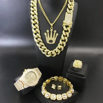 Prabangių Vyrų Aukso Spalvos Watch & Neckalce & Braclete & Auskarai &Žiedas Combo Set Ledo Iš Kubos Hip-Hop Kristalų Miami Karoliai Vyrams