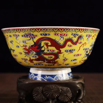 Pradžioje kolekcija antikvariniai geltona ir famille išaugo penkis dragon dubenį šeimos dekoravimas ornamentais
