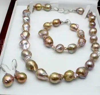 Rinkinys 13-18 mm pobūdžio baroko perlas karoliai 18inch apyrankę 7.5-8 colių auskarai
