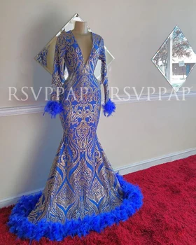 Royal Blue Undinė Promenadzie Suknelė Realios Nuotraukos Naują Atvykimo Sidabro China V-kaklo, ilgomis Rankovėmis Afrikos Juodieji Mergina Ilgai Prom Dresses