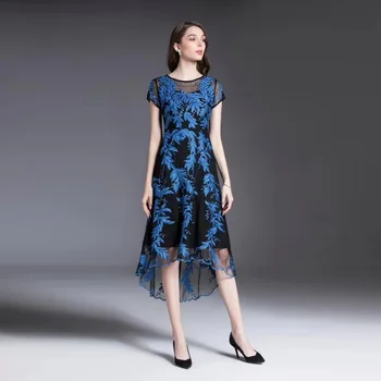 Rumway Mados Mėlyna Suknelė 2020 M. Aukštos Kokybės Naujas Elegantiškas Ilgomis Rankovėmis Gėlių Siuvinėjimas Raudona Slim Midi Suknelė Vestidos