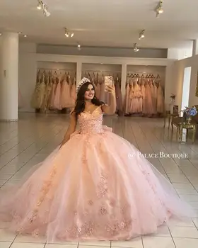 Spalvingas Rožinis 2022 Quinceanera Suknelės Nėrinių Appliqued Nuo Pečių Lankas, Kamuolys Suknelė Prom Šalis Nešioti Saldus 16 Suknelė Vestidos