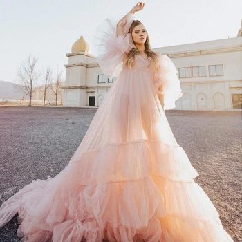 Svajinga Princesė Šviesiai Rausvos Oficialią Suknelės pagal Užsakymą Pagaminti Off Peties Ruffles Pakopų Vakare Gown Moterų Tiulio Skraiste Motinystės Suknelė