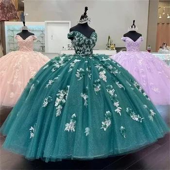 Turkis Quinceanera Suknelės 2022 su 3D Gėlių Aplikacijos nuo Peties Korsetas Atgal Grindų Ilgis Rankovių Prom Oficialus