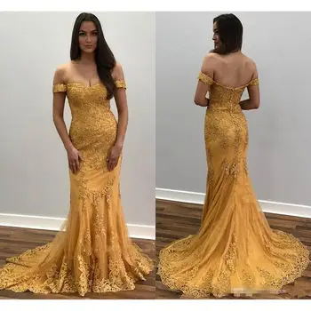 Vintage Gold Undinė Vakaro Suknelės Ilgai 2019 vestidos de fiesta de noche arabų Nėrinių Prom Chalatai nuo Peties Oficialų Suknelė