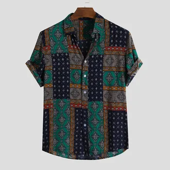 Vyrų Marškinėliai Etninės Atspausdinta Marškinėliai Vasaros Retro Vintage Streetwear trumpomis Rankovėmis, Mygtuką Harajuku Palaidinė chemise Homme Ropa Hombre