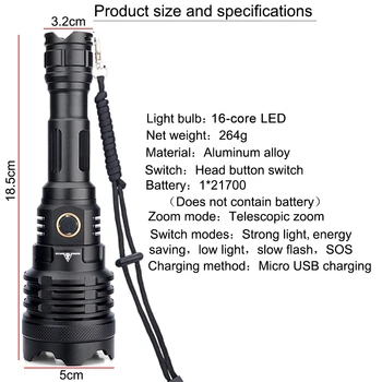 XHP160 Galingas LED Žibintuvėlis Fakelas USB Įkrovimo Taktinis Medžioklės Kempingas Žibintų 21700Battery Lempos Zoomable Lampe De Poche